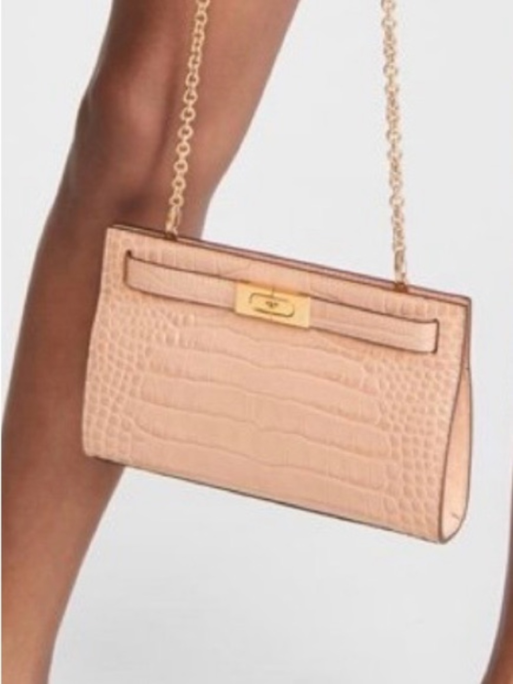 Tory Burch Croc-Embossed Leather Shoulder Bag in Blush Pink with Gold Chain